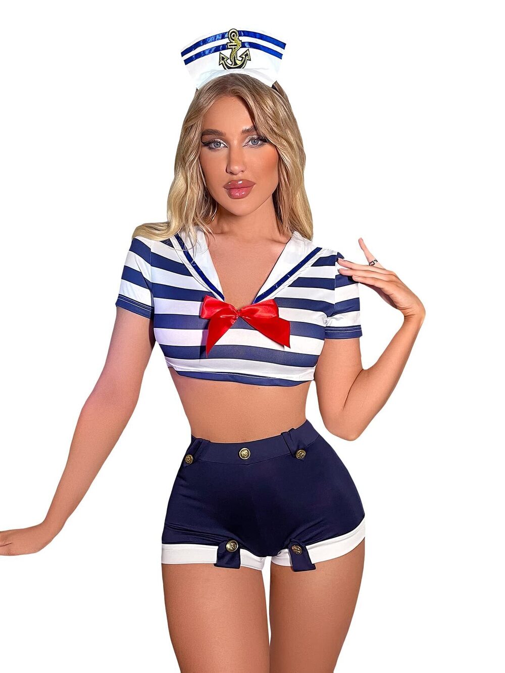 1453 3 Pieces Sailor Costume Cosplay Striped Crop Top with Shorts Lingerie